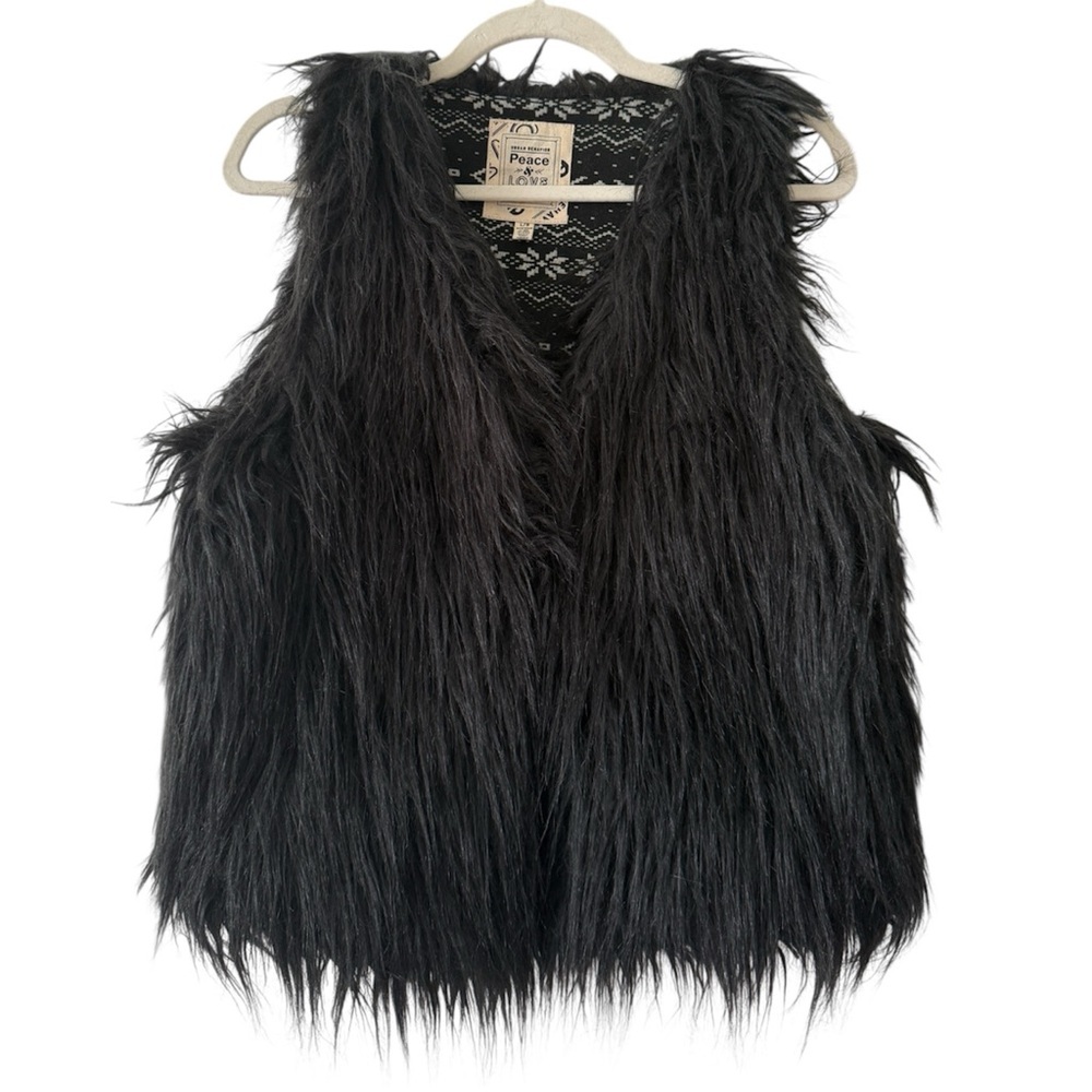 Urban‎ Behavior Peace & Love Vest Womens L Black Shaggy Faux Fur Fair Isle